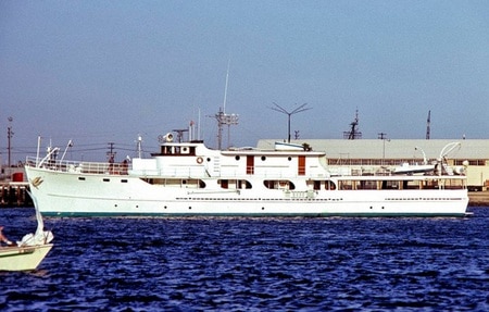 The 136-foot M/V Willis Shank, painted white from an old photo.