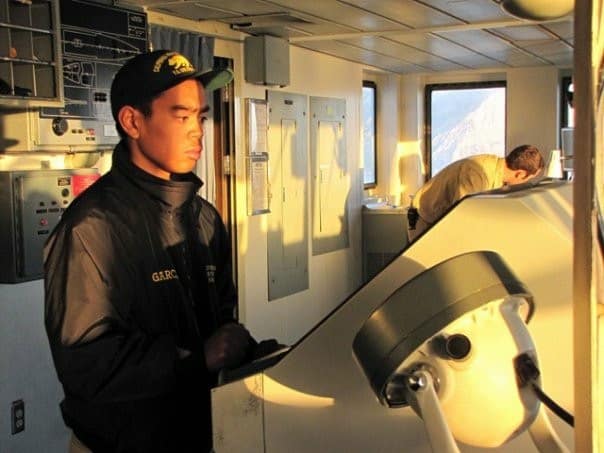 Garcia, steering the Golden Bear during a two-month summer cruise his freshmen year at Cal Maritime.