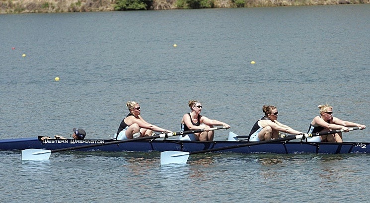 Katrina rows with her crew in a Western Washington boat.
