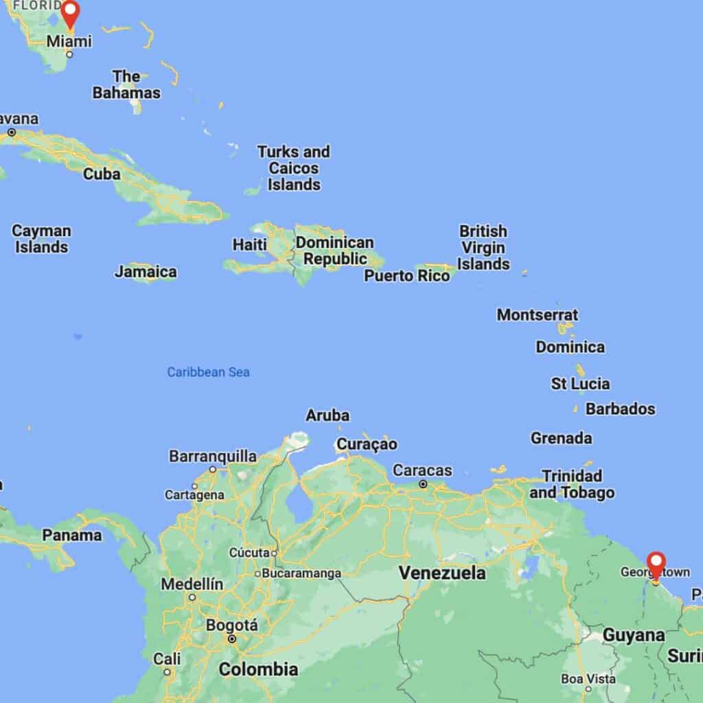 Map of the caribean. Two markers are placed on Miami, US and Georgetown, Guyana.