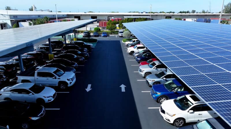 Tropical’s 30,000-square-foot solar photovoltaic system is mounted on a custom, double-cantilever carport structure at its company headquarters in West Palm Beach, Florida. 